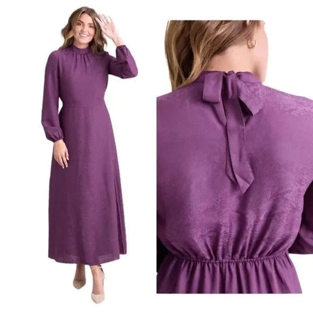 DownEast Women's S Nikki Tie Back Maxi Dress Plum Purple A-Line Mock Neck NWT